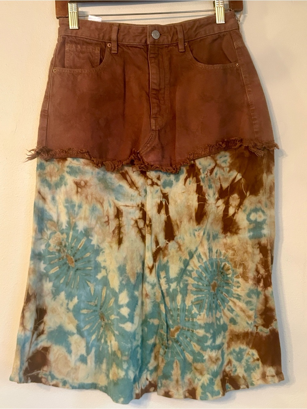 Upcycled pacsun brown denim vintage tie dye midi skirt